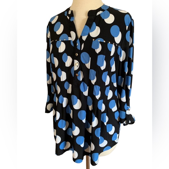 COCOMO Large Black blue white 3/4 sleeve studded women's Pintuck Blouse shirt - Picture 3 of 16